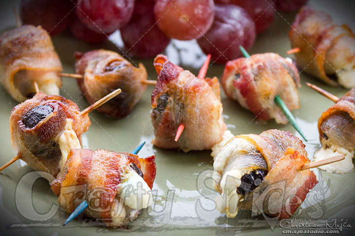 Cream Cheese Stuffed Prunes Wrapped in Bacon