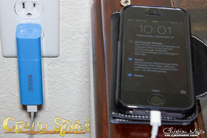  SUNLABZ 2-in-1 Power Bank connected to iPhone 5S and wall outlet